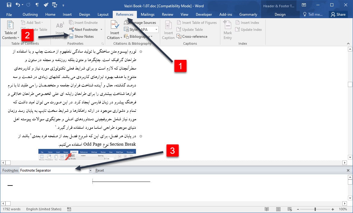مشاهده پاورقی ها و تغییر خط جداکننده پاورقی
